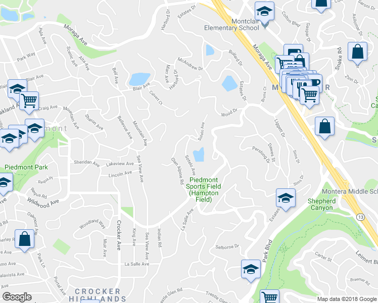 map of restaurants, bars, coffee shops, grocery stores, and more near 19 Sotelo Avenue in Piedmont