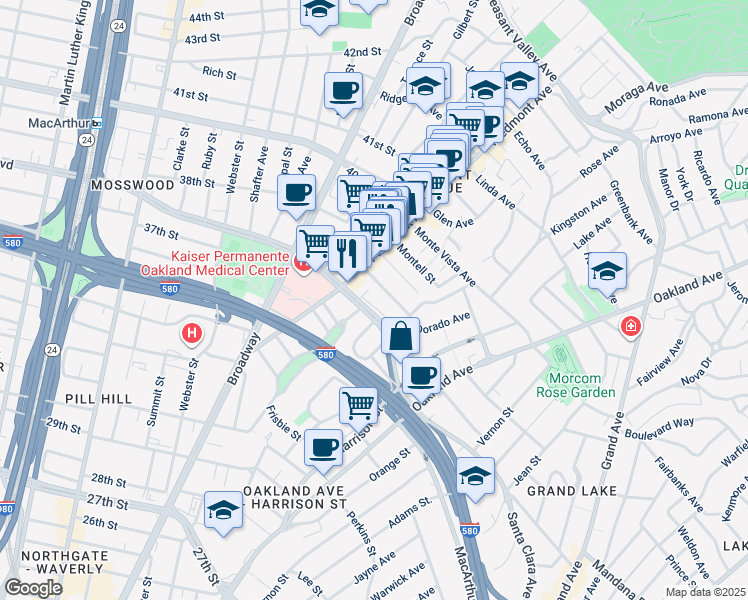 map of restaurants, bars, coffee shops, grocery stores, and more near 63 Yosemite Avenue in Oakland