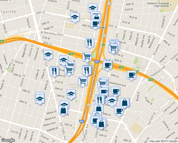 map of restaurants, bars, coffee shops, grocery stores, and more near in Oakland