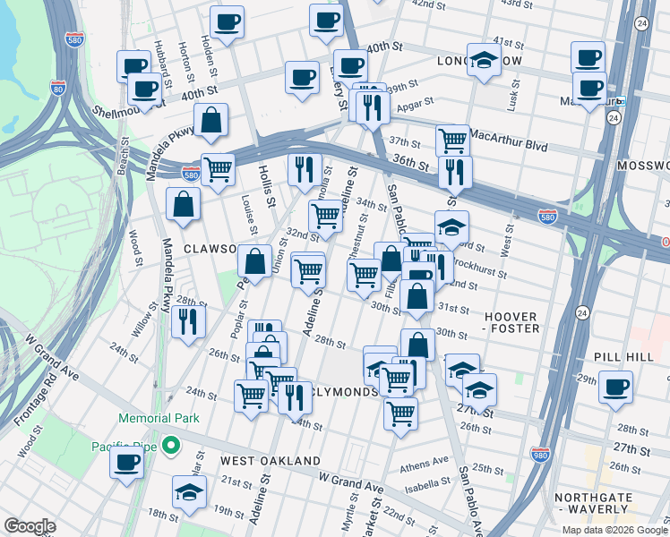 map of restaurants, bars, coffee shops, grocery stores, and more near in Oakland