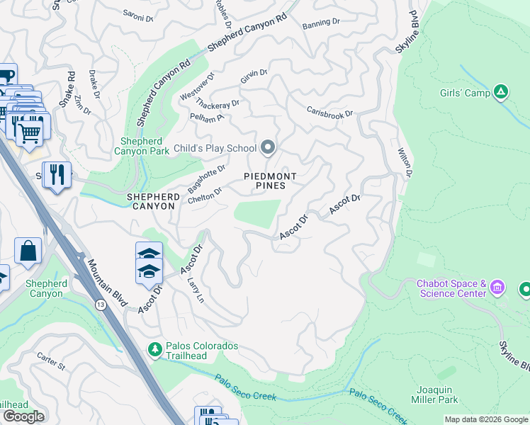 map of restaurants, bars, coffee shops, grocery stores, and more near 6327 Longcroft Drive in Oakland