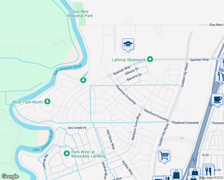 map of restaurants, bars, coffee shops, grocery stores, and more near 15351 Flycatcher Drive in Lathrop