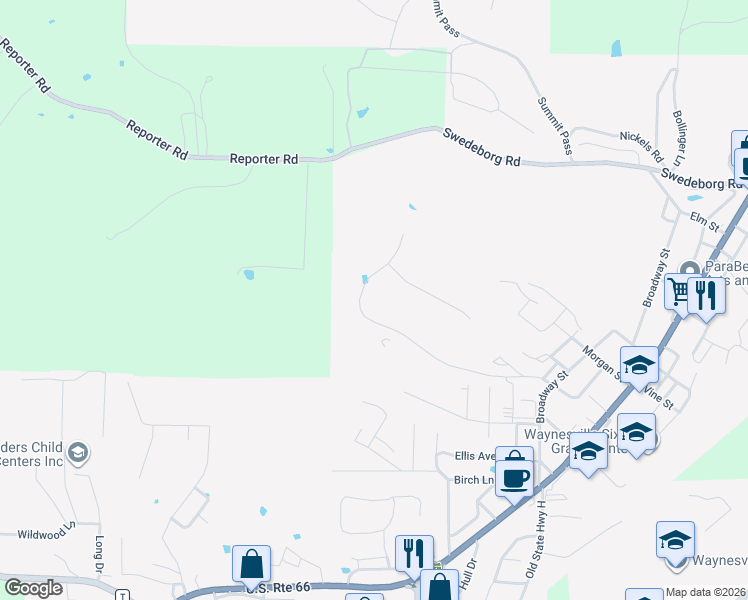 map of restaurants, bars, coffee shops, grocery stores, and more near 129 Highland Woods Drive in Waynesville