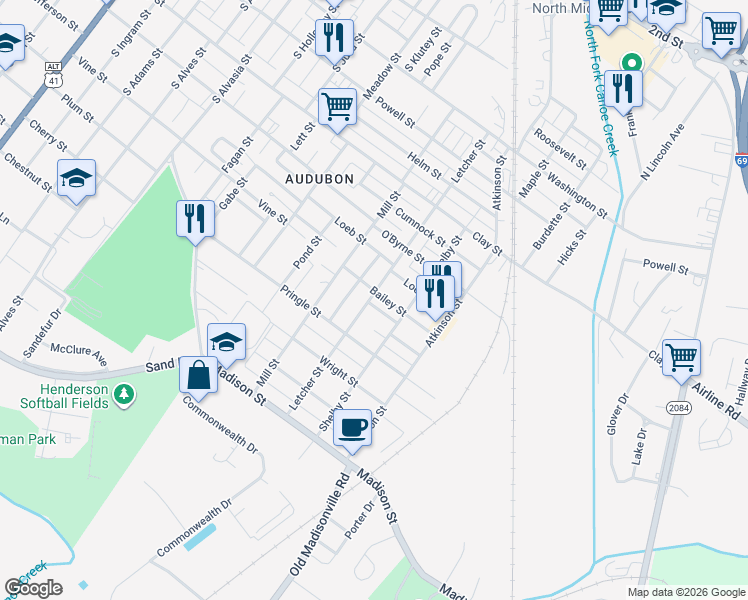 map of restaurants, bars, coffee shops, grocery stores, and more near 813 Letcher Street in Henderson