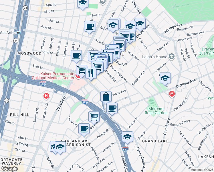 map of restaurants, bars, coffee shops, grocery stores, and more near 70 Yosemite Avenue in Oakland