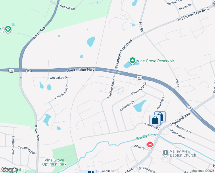 map of restaurants, bars, coffee shops, grocery stores, and more near 103 Sparkling Court in Vine Grove