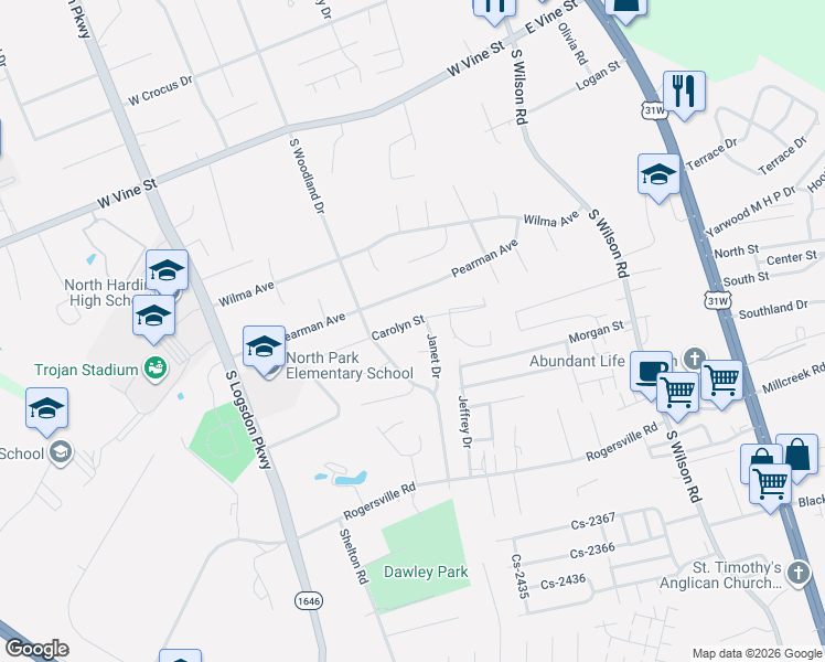 map of restaurants, bars, coffee shops, grocery stores, and more near 654 Carolyn Street in Radcliff