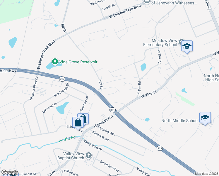 map of restaurants, bars, coffee shops, grocery stores, and more near 206 Kathie Court in Radcliff