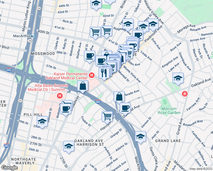 map of restaurants, bars, coffee shops, grocery stores, and more near in Oakland