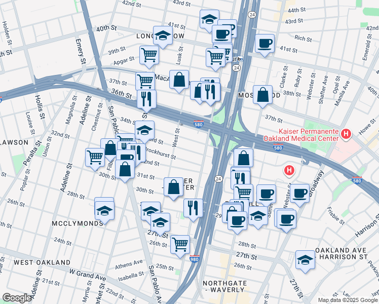 map of restaurants, bars, coffee shops, grocery stores, and more near 669 33rd Street in Oakland