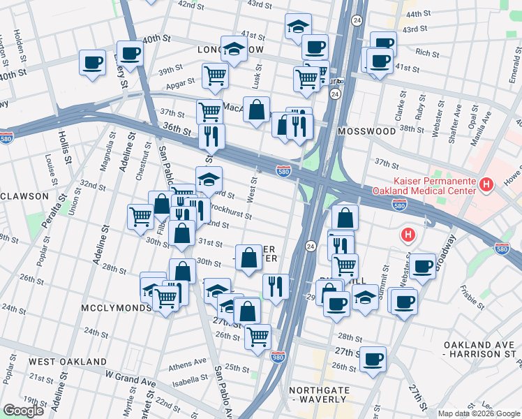 map of restaurants, bars, coffee shops, grocery stores, and more near 726 Brockhurst Street in Oakland