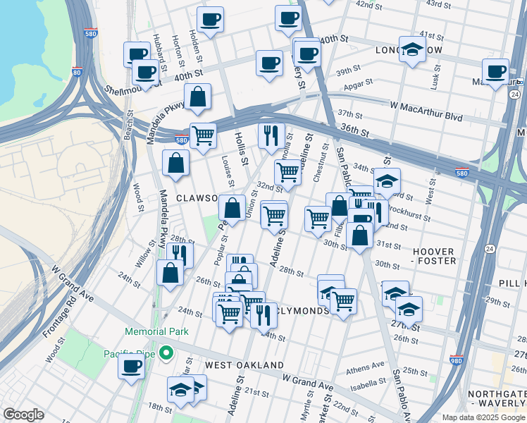 map of restaurants, bars, coffee shops, grocery stores, and more near 1212 30th Street in Oakland