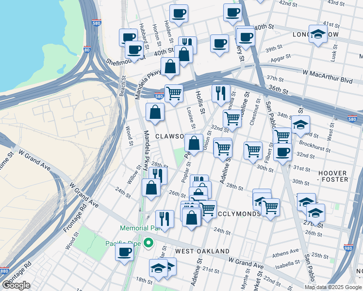 map of restaurants, bars, coffee shops, grocery stores, and more near 2825 Helen Street in Oakland