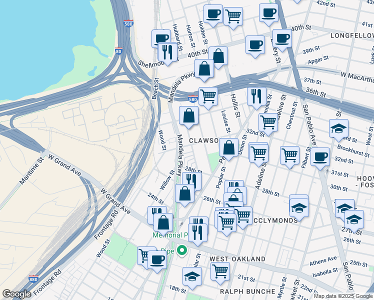 map of restaurants, bars, coffee shops, grocery stores, and more near 2863 Mandela Parkway in Oakland