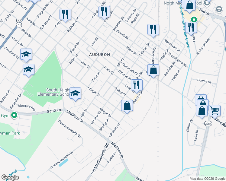 map of restaurants, bars, coffee shops, grocery stores, and more near 813 Letcher Street in Henderson