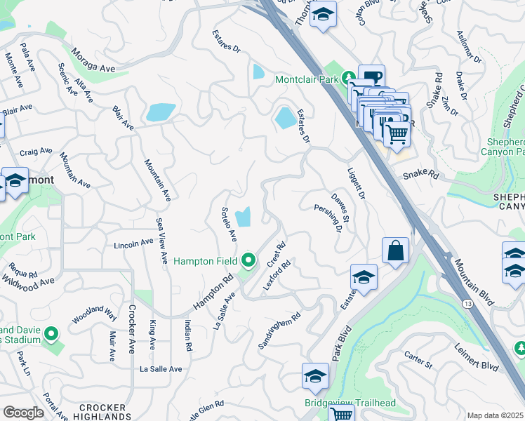 map of restaurants, bars, coffee shops, grocery stores, and more near 21 Tyson Circle in Piedmont