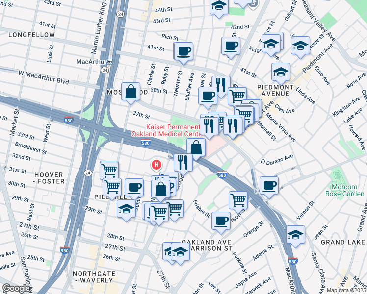 map of restaurants, bars, coffee shops, grocery stores, and more near 3505 Broadway in Oakland