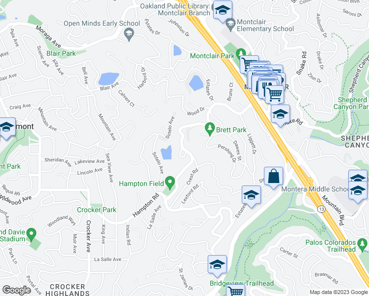 map of restaurants, bars, coffee shops, grocery stores, and more near 5474 La Salle Avenue in Piedmont