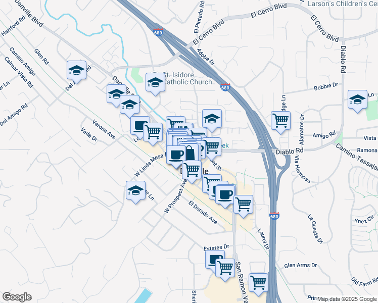 map of restaurants, bars, coffee shops, grocery stores, and more near 301 Hartz Avenue in Danville