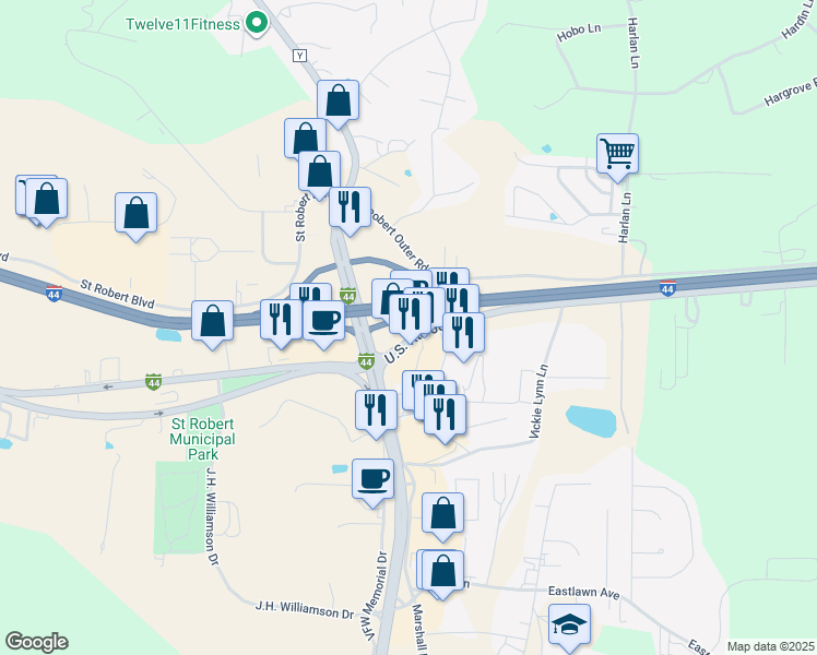 map of restaurants, bars, coffee shops, grocery stores, and more near 322 State Highway Z in Saint Robert