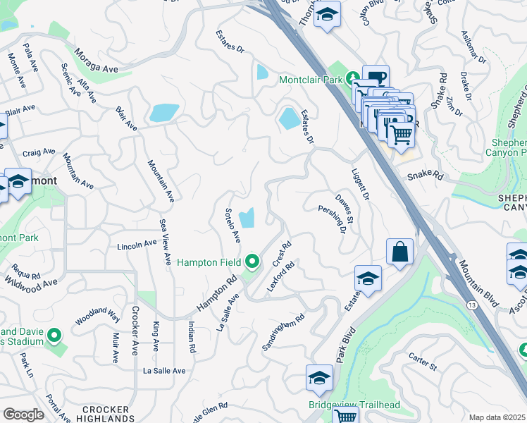 map of restaurants, bars, coffee shops, grocery stores, and more near 21 Tyson Circle in Piedmont