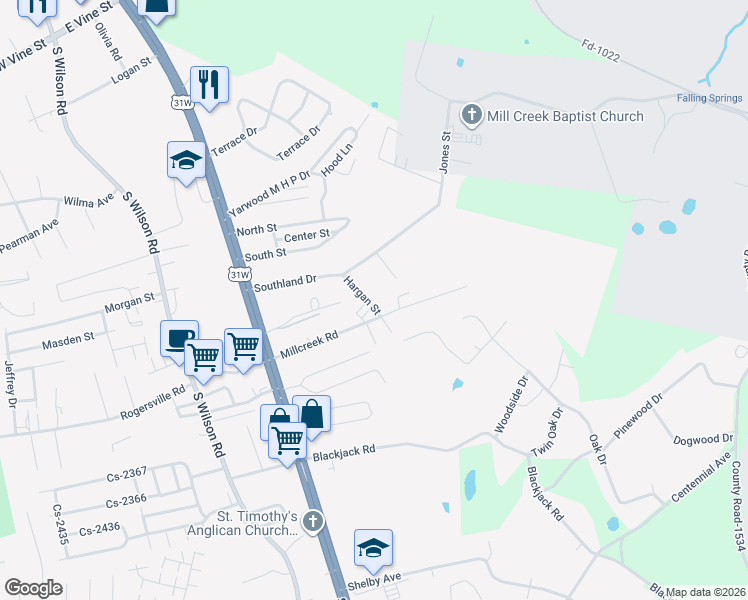 map of restaurants, bars, coffee shops, grocery stores, and more near 317-651 Millcreek Road in Radcliff