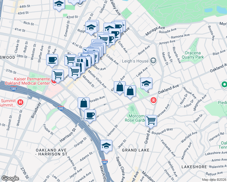 map of restaurants, bars, coffee shops, grocery stores, and more near 323 Monte Vista Avenue in Oakland