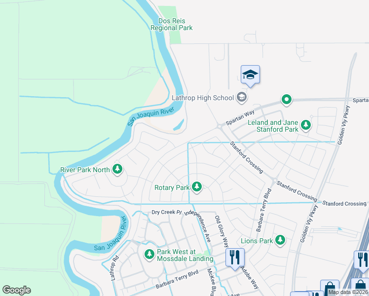 map of restaurants, bars, coffee shops, grocery stores, and more near 923 Osprey Drive in Lathrop