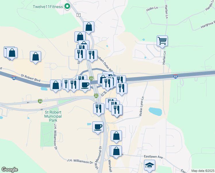 map of restaurants, bars, coffee shops, grocery stores, and more near 322 State Highway Z in Saint Robert
