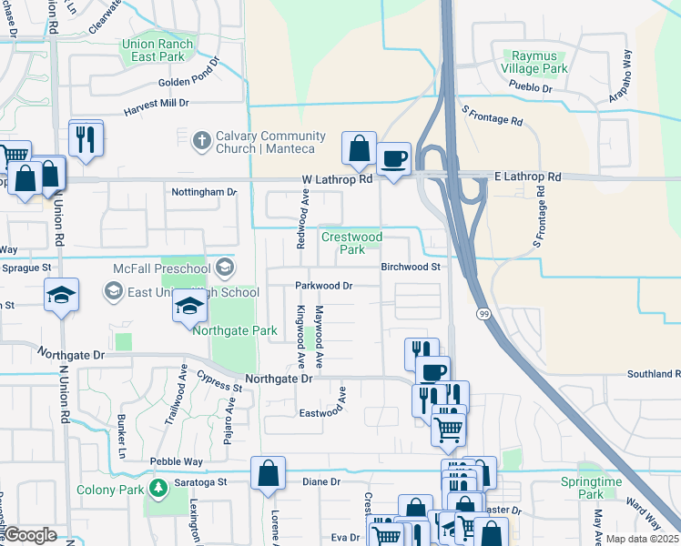 map of restaurants, bars, coffee shops, grocery stores, and more near 445 Parkwood Drive in Manteca