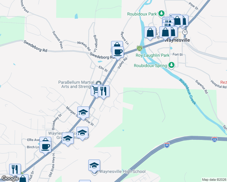 map of restaurants, bars, coffee shops, grocery stores, and more near 208 Dyer Drive in Waynesville