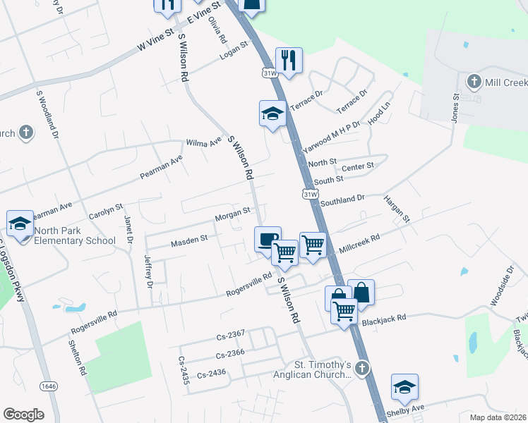map of restaurants, bars, coffee shops, grocery stores, and more near 1387 South Wilson Road in Radcliff