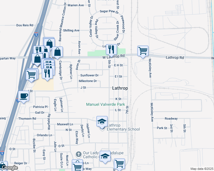 map of restaurants, bars, coffee shops, grocery stores, and more near 15402 5th Street in Lathrop
