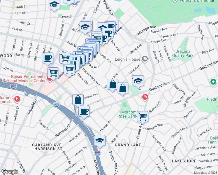 map of restaurants, bars, coffee shops, grocery stores, and more near 323 Monte Vista Avenue in Oakland