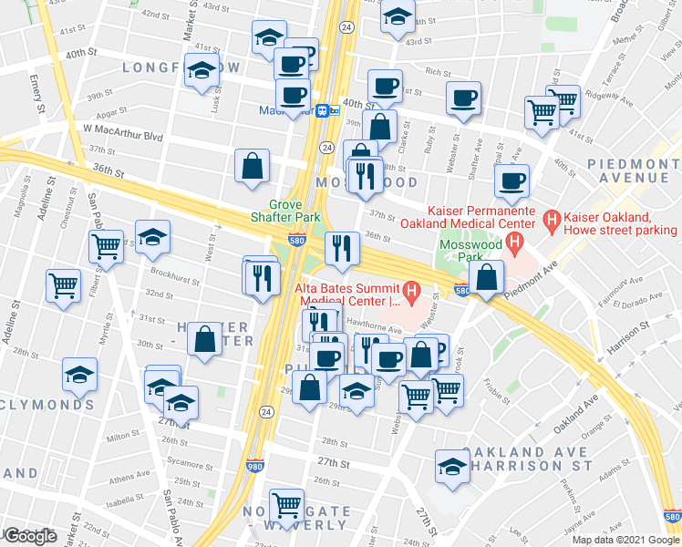 map of restaurants, bars, coffee shops, grocery stores, and more near 3343 Telegraph Avenue in Oakland