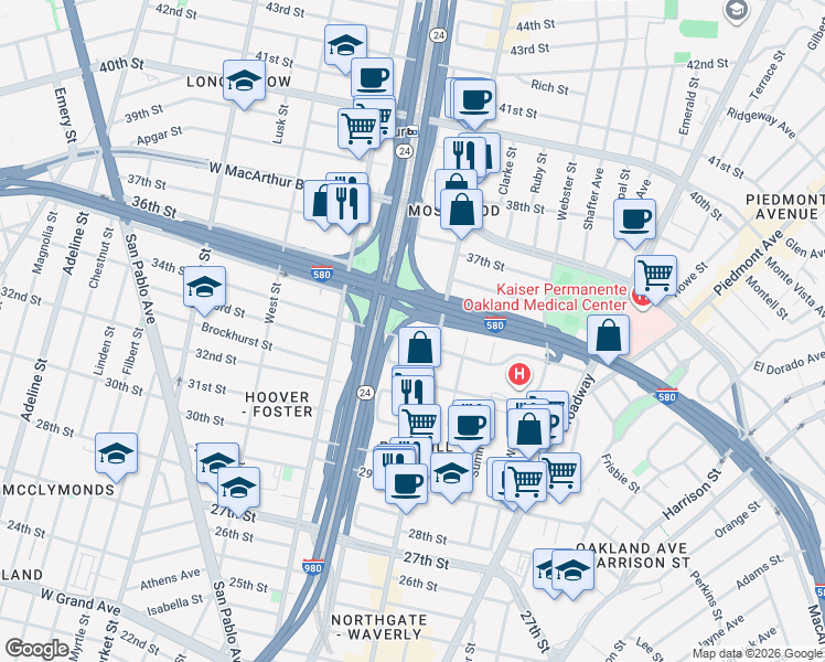 map of restaurants, bars, coffee shops, grocery stores, and more near in Oakland