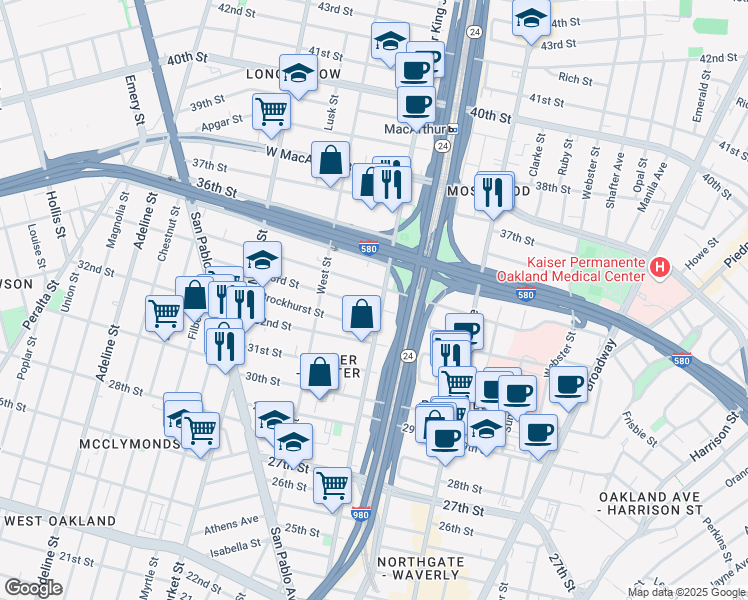map of restaurants, bars, coffee shops, grocery stores, and more near 678 Brockhurst Street in Oakland