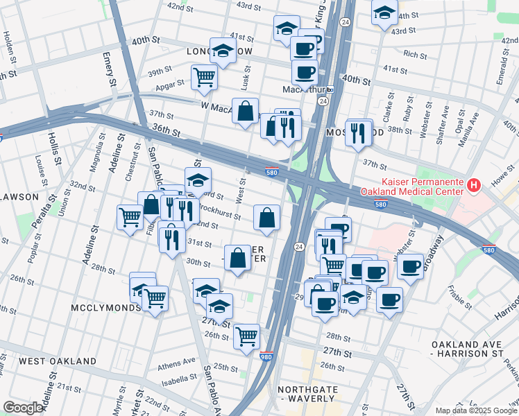 map of restaurants, bars, coffee shops, grocery stores, and more near 669 33rd Street in Oakland