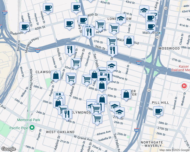 map of restaurants, bars, coffee shops, grocery stores, and more near 3131 Filbert Street in Oakland