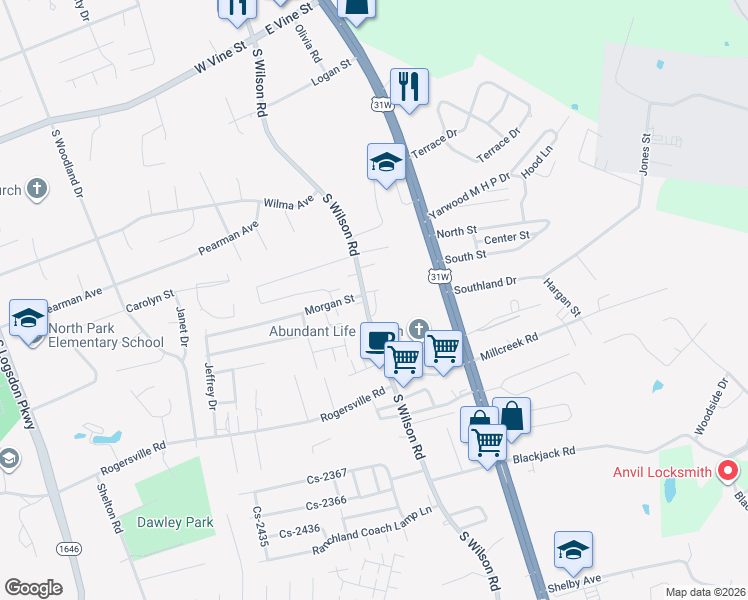 map of restaurants, bars, coffee shops, grocery stores, and more near 1387 South Wilson Road in Radcliff