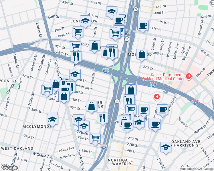 map of restaurants, bars, coffee shops, grocery stores, and more near 669 33rd Street in Oakland