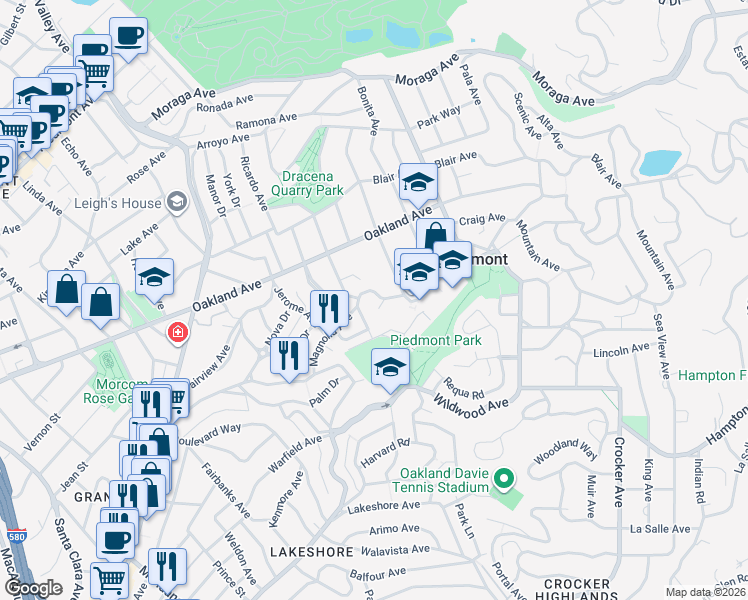 map of restaurants, bars, coffee shops, grocery stores, and more near 532 Magnolia Avenue in Piedmont