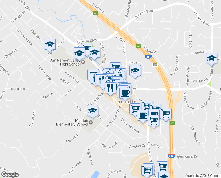 map of restaurants, bars, coffee shops, grocery stores, and more near 112 West Linda Mesa Avenue in Danville