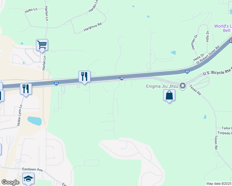 map of restaurants, bars, coffee shops, grocery stores, and more near 104 Ridgeview Drive in Saint Robert