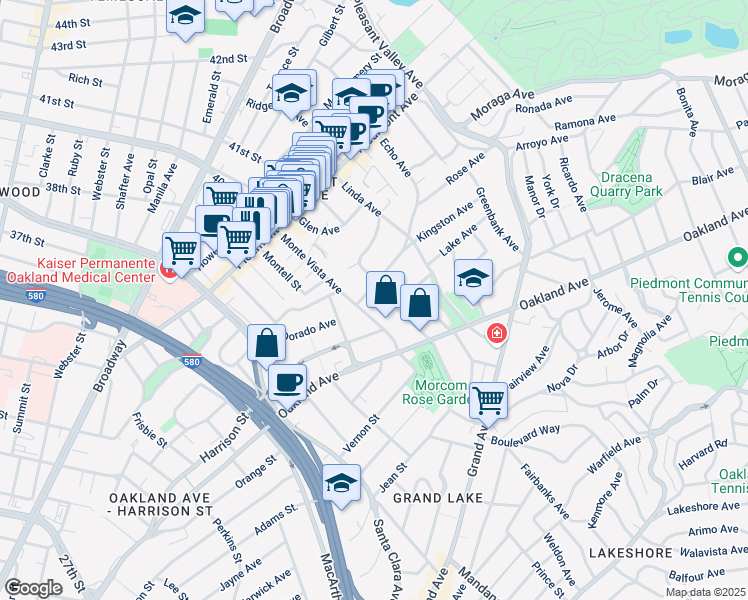 map of restaurants, bars, coffee shops, grocery stores, and more near 323 Monte Vista Avenue in Oakland