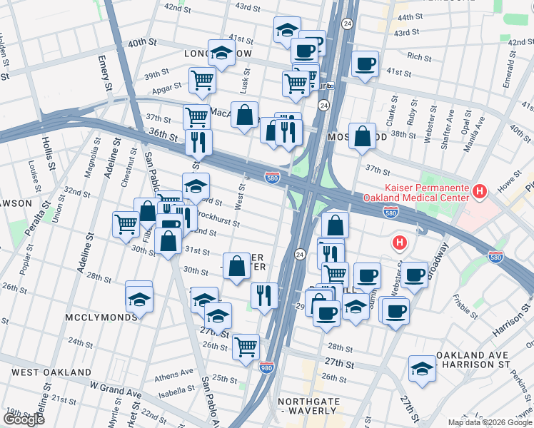 map of restaurants, bars, coffee shops, grocery stores, and more near 672 33rd Street in Oakland