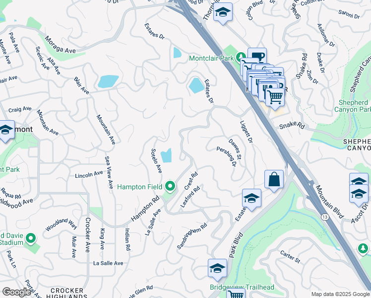map of restaurants, bars, coffee shops, grocery stores, and more near 5474 La Salle Avenue in Piedmont