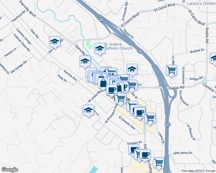 map of restaurants, bars, coffee shops, grocery stores, and more near 115a Railroad Avenue in Danville