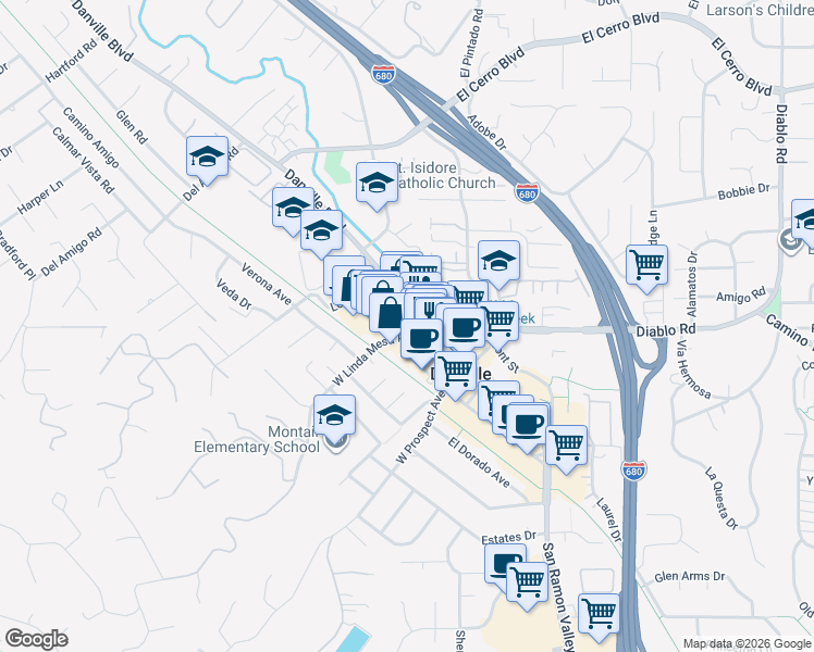map of restaurants, bars, coffee shops, grocery stores, and more near 112 West Linda Mesa Avenue in Danville