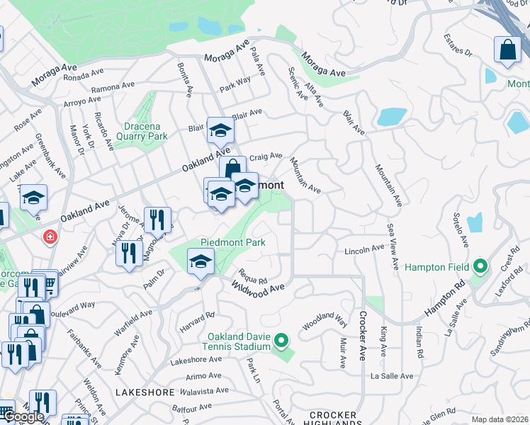 map of restaurants, bars, coffee shops, grocery stores, and more near 120 Hazel Lane in Piedmont
